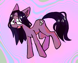 Size: 1068x859 | Tagged: safe, artist:myosotis-secunda, artist:myosotissecunda, derpibooru import, oc, oc only, earth pony, pony, 2022, abstract background, black mane, black tail, colored pinnae, dot eyes, earth pony oc, glasses, open mouth, ponysona, purple coat, shiny mane, shiny tail, solo, square glasses, standing, straight mane, straight tail, tail, unnamed oc