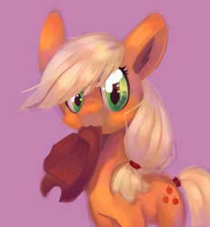 Size: 1479x1600 | Tagged: safe, artist:myosotis-secunda, artist:myosotissecunda, derpibooru import, pony, g4, 2022, :3, applejack's hat, big ears, big eyes, blonde, blonde mane, blonde tail, clothes, colored pinnae, cowboy hat, digital painting, ears, eyelashes, female, green eyes, hat, holding hat, looking at you, mare, mouth hold, orange coat, ponytail, purple background, shiny eyes, simple background, smiling, smiling at you, solo, stetson, tail, tall ears, tied mane, tied tail, wingding eyes