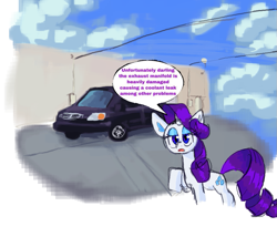 Size: 863x739 | Tagged: safe, artist:myosotissecunda, derpibooru import, rarity, pony, g4, 2022, big ears, blue eyes, blue eyeshadow, car, colored pinnae, dialogue, ears, eyelashes, eyeshadow, female, frown, horn, lidded eyes, looking at you, makeup, mare, offscreen character, open frown, outdoors, purple mane, purple tail, purple text, raised hoof, raised leg, ringlets, shiny mane, shiny tail, solo, speech bubble, standing, tail, tall ears, text, unicorn horn, van, white coat