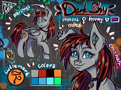 Size: 2700x2000 | Tagged: safe, artist:gigisarts, derpibooru import, oc, oc only, oc:darkshy, pegasus, pony, blue eyes, choker, commission, ear piercing, piercing, red and black mane, red and black oc, reference sheet, tulpa