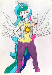 Size: 2440x3500 | Tagged: safe, artist:killerteddybear94, derpibooru import, princess celestia, alicorn, anthro, celestia day, clothes, cute, cutelestia, denim, denim jacket, devil horn (gesture), jacket, looking at you, one eye closed, pants, shirt, smiling, spread wings, t-shirt, traditional art, wings, wink