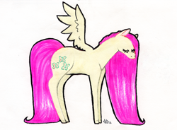 Size: 2856x2100 | Tagged: safe, artist:broccolidad, derpibooru import, fluttershy, pegasus, pony, eyes closed, female, full body, mare, solo, spread wings, standing, traditional art, wings