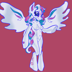 Size: 1606x1600 | Tagged: safe, artist:myosotis-secunda, artist:myosotissecunda, derpibooru import, star catcher, anthro, pegasus, pony, unguligrade anthro, g3, 2023, alternate color palette, alternate design, barbie doll anatomy, big eyes, black sclera, breasts, coat markings, colored pinnae, colored wings, desaturated, eyelashes, female, heart, heart mark, mare, multicolored mane, multicolored tail, multicolored wings, pink background, raised hoof, raised leg, simple background, slender, smiling, solo, spread wings, standing, tail, thin, three toned mane, tri-color mane, tri-colored mane, tricolor mane, tricolored mane, white coat, wingding eyes, wings