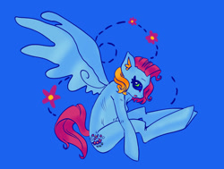 Size: 1958x1484 | Tagged: safe, artist:myosotis-secunda, artist:myosotissecunda, derpibooru import, thistle whistle, anthro, pegasus, pony, unguligrade anthro, g3, 2023, belly button, blue background, blue coat, blue sclera, colored pinnae, colored sclera, eyelashes, female, flower, green eyes, mare, open mouth, pink tail, profile, raised hooves, requested art, simple background, sitting, solo, spread wings, tail, thin, two toned mane, wingding eyes, wings