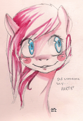 Size: 500x731 | Tagged: safe, artist:broccolidad, derpibooru import, pinkie pie, earth pony, pony, bust, colored pencil drawing, pinkamena diane pie, smiling, solo, traditional art