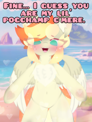 Size: 4096x5460 | Tagged: safe, artist:sodapop sprays, derpibooru import, oc, oc only, oc:sodapop sprays, pegasus, pony, semi-anthro, belly button, caption, chest fluff, ear fluff, ears, eye clipping through hair, freckles, looking at you, meme, pogchamp, pogchamp meme, poggers, solo, text