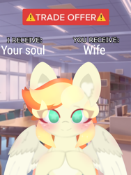 Size: 4096x5461 | Tagged: safe, artist:sodapop sprays, derpibooru import, oc, oc only, oc:sodapop sprays, pegasus, pony, chest fluff, ear fluff, ears, freckles, looking at you, meme, solo, trade offer, trade offer meme, wingding eyes