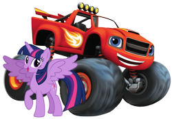 Size: 1600x1112 | Tagged: safe, derpibooru import, edit, editor:samira066, twilight sparkle, twilight sparkle (alicorn), alicorn, pony, g4, barely pony related, blaze and the monster machines, crossover, duo, duo male and female, edited image, female, horn, looking at you, male, monster machine, open mouth, open smile, raised hoof, raised leg, smiling, smiling at you, spread wings, unnamed character, wings