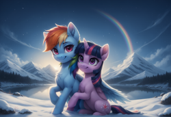 Size: 3072x2096 | Tagged: safe, ai content, derpibooru import, generator:stable diffusion, machine learning generated, rainbow dash, twilight sparkle, twilight sparkle (alicorn), alicorn, pegasus, pony, g4, :3, adorasexy, backlighting, beautiful, beautisexy, chest fluff, cloud, cute, dashabetes, detailed, detailed background, duo, duo female, ear fluff, ears, eyebrows, eyebrows visible through hair, eyelashes, female, folded wings, full body, generator:bluefox mix, happy, high res, hooves, horn, hug, lake, leg fluff, lesbian, looking at you, mare, mountain, mountain range, nature, outdoors, pretty, prompter:adorablebluefox, rainbow, raised hoof, raised leg, reflection, rock, romantic, scenery, scenery porn, sexy, shipping, sitting, sky, smiling, smiling at you, snow, snowy mountain, stars, sunrise, tail, tree, twiabetes, twidash, wallpaper, water, winghug, wings, winter