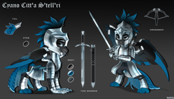 Size: 2980x1700 | Tagged: safe, artist:zlatavector, derpibooru import, oc, oc only, oc:cyano citt'a s'tell'ri, griffon, armor, commission, griffon oc, male, reference sheet, solo, sword, weapon