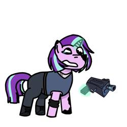 Size: 1280x1280 | Tagged: safe, artist:josephthedumbimpostor, derpibooru import, starlight glimmer, pony, unicorn, corrupted, female, gun, horn, jill valentine, levitation, magic, mare, pibby, resident evil, teary eyes, telekinesis, weapon