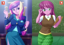 Size: 1414x1000 | Tagged: safe, artist:uotapo, derpibooru import, edit, cheerilee, dean cadance, princess cadance, human, equestria girls, friendship games, g4, adorasexy, blushing, breasts, chalkboard, cheeribetes, chestilee, classroom, clipboard, clothes, curvy, cute, cutedance, eyelashes, eyeshadow, female, freckles, glasses, hot for teacher, lips, long hair, looking at you, makeup, meganekko, moe, patreon, patreon logo, princess cansdance, school, sexy, side slit, skirt, smiling, solo, stupid sexy cheerilee, sweater vest, teacher, tube skirt