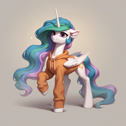 Size: 2048x2048 | Tagged: safe, ai content, derpibooru import, generator:stable diffusion, machine learning generated, princess celestia, alicorn, pony, g4, clothes, ear fluff, ears, female, folded wings, full body, generator:autismmix pony, hoodie, horn, mare, prompter:liladash, simple background, smiling, solo, sparkles, standing, wings