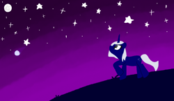 Size: 1024x600 | Tagged: safe, derpibooru import, oc, oc only, oc:star gazer, pony, unicorn, art fight, comet, full moon, gray eyes, horn, lineless, looking at the sky, looking up, mare in the moon, moon, purple background, purple sky, raised hoof, raised leg, simple background, solo, stars