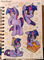 Size: 2233x3022 | Tagged: safe, artist:dariarchangel, derpibooru import, twilight sparkle, unicorn twilight, pony, unicorn, g4, adorkable, big crown thingy, big eyes, blushing, book, bookhorse, bookworm, bust, cute, dork, ears, element of magic, female, floppy ears, heart, horn, jewelry, lying down, mare, multicolored hair, photo, portrait, prone, regalia, shy, shy smile, sketchbook, smiling, stars, straight mane, that pony sure does love books, thinking, traditional art, tricolor mane, twiabetes