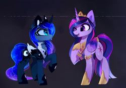 Size: 2907x2022 | Tagged: safe, artist:magnaluna, derpibooru import, princess luna, twilight sparkle, twilight sparkle (alicorn), alicorn, pony, g4, age swap, colored wings, colored wingtips, crown, cute, duo, duo female, ethereal mane, ethereal tail, female, folded wings, galaxy mane, galaxy tail, gradient wings, high res, hoof shoes, horn, jewelry, looking at each other, looking at someone, lunabetes, mare, multicolored wings, one eye closed, open mouth, open smile, peytral, princess shoes, profile, raised hoof, raised leg, regalia, role reversal, simple background, smiling, tail, twiabetes, wings