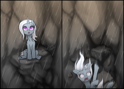 Size: 2000x1440 | Tagged: safe, artist:zetamad, derpibooru import, trixie, pony, unicorn, g4, atg 2024, eyebrows, falling, horn, looking up, newbie artist training grounds, onomatopoeia, open mouth, outdoors, rain, rock, screaming, sitting, solo, sound effects