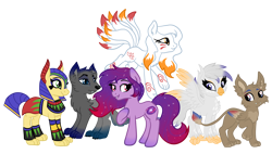 Size: 6046x3445 | Tagged: safe, artist:sjart117, derpibooru import, oc, oc only, oc:nova stream, bird, original species, pony, werewolf, anubis, blue eyes, celestial pony, cheek fluff, chest fluff, chupacabra, colored pinnae, colored wings, cute, cute little fangs, ear fluff, ears, egyptian, egyptian headdress, egyptian makeup, ethereal mane, ethereal tail, eye of horus, eyeshadow, fangs, female, folded wings, four wings, gradient legs, gradient mane, gradient tail, gradient wings, green eyes, group, head turn, hoof on chest, kitsune, kitsune pony, leaping, leonine tail, makeup, male, mare, multiple wings, not a griffon, oc name needed, orange eyes, pale belly, paws, permission given, raised paw, red eyes, sextet, simple background, slit eyes, sparkly mane, sparkly tail, spread wings, standing, tail, thunderbird, transparent background, two toned eyes, wings