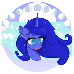 Size: 1440x1440 | Tagged: safe, artist:門久, derpibooru import, princess luna, alicorn, pony, g4, bust, ear piercing, earring, female, jewelry, mare, moon, open mouth, open smile, piercing, smiling, solo