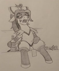 Size: 2358x2858 | Tagged: safe, artist:jargon scott, derpibooru import, oc, oc only, oc:anon-mare, earth pony, pony, boots, bottle, bow, clothes, domino mask, ears, female, floppy ears, grayscale, hair bow, lidded eyes, magical girl, mare, monochrome, open mouth, pencil drawing, shoes, sitting, solo, tired, traditional art