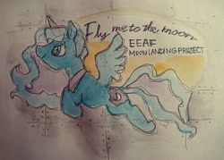 Size: 2048x1463 | Tagged: safe, artist:daisymane, derpibooru import, princess luna, alicorn, pony, g4, female, flying, mare, smiling, solo, spread wings, text, traditional art, watercolor painting, wings