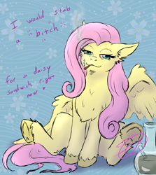 Size: 1280x1437 | Tagged: safe, artist:frozen-fortune, derpibooru import, fluttershy, pegasus, pony, g4, abstract background, bloodshot eyes, blunt, bong, chest fluff, drugs, ears, female, floppy ears, flutterhigh, frog (hoof), high, looking at you, mare, marijuana, narrowed eyes, partially open wings, sitting, smiling, smiling at you, smoking, solo, underhoof, vulgar, wings