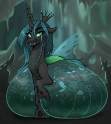 Size: 2264x2533 | Tagged: safe, artist:witchtaunter, derpibooru import, queen chrysalis, changeling, changeling queen, fanfic:from love to changelings, g4, adoracreepy, belly on floor, butt, cave, commission, cover art, creepy, crown, curled up, cute, fangs, fetus, holes, hyper, hyper belly, hyper pregnancy, impossibly large belly, jewelry, looking at you, mommy chrissy, multiple pregnancy, plot, pregnant, quadrupedal, queen pregalis, regalia, sleeping, smiling, stalactite, stalagmite, tail, tight bulge, translucent belly, transparent belly, transparent flesh, transparent wings, wings, womb with a view