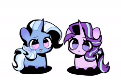 Size: 1987x1330 | Tagged: safe, artist:jojofassbender, derpibooru import, starlight glimmer, trixie, pony, unicorn, g4, chibi, duo, duo female, female, horn, simple background, white background