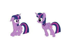 Size: 2300x1550 | Tagged: safe, artist:k. dale, derpibooru import, twilight sparkle, twilight sparkle (alicorn), alicorn, pony, g4, cute, duo, ears, floppy ears, looking at each other, looking at someone, movie accurate, png, scared, self paradox, self ponidox, shocked, simple background, surprised, transparent background, twiabetes, twolight