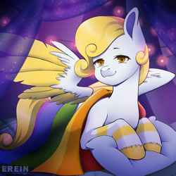 Size: 2000x2000 | Tagged: safe, alternate version, artist:erein, derpibooru import, oc, oc only, oc:gold zephyr, pegasus, pony, alternate character, bedroom, commission, ears up, flag, garland, gay pride flag, high res, indoors, lgbt, looking at you, male, night, pegasus oc, pillow, pride, pride flag, pride month, room, smiling, smiling at you, solo, string lights, tail, unshorn fetlocks, white fur, ych result, yellow hair, yellow mane, yellow tail