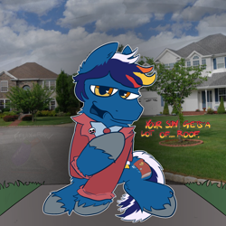 Size: 2048x2048 | Tagged: safe, artist:felixmcfurry, derpibooru import, oc, oc only, oc:closing comet, earth pony, pony, clothes, colored, dialogue, door to door salesman, flat colors, fur, hooves, implied offscreen character, jacket, male, pin, solo, text, unshorn fetlocks, watermark