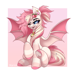 Size: 2000x2000 | Tagged: safe, artist:skyboundsiren, derpibooru import, oc, oc:strawberry bites, bat pony, accessory, bell, collar, commission, cute, ear piercing, earring, female, food, jewelry, passepartout, piercing, smiling, solo, sprinkles