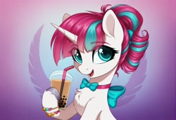 Size: 2104x1440 | Tagged: safe, ai content, derpibooru import, machine learning generated, oc, oc only, pony, unicorn, abstract background, bowtie, bracelet, bubble tea, chest fluff, cute, drink, eye clipping through hair, eyebrows, eyebrows visible through hair, female, gradient background, hoof hold, horn, jewelry, looking at you, not zipp storm, open mouth, smiling, solo, unshorn fetlocks