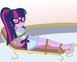 Size: 2500x2000 | Tagged: safe, artist:nie-martw-sie-o-mnie, derpibooru import, part of a set, sci-twi, twilight sparkle, human, equestria girls, g4, bathrobe, bondage, clothes, cute, eyes closed, feather, feet, female, femsub, foot tickling, glasses, robe, rope, rope bondage, sci-twiabetes, solo, spa, submissive, tickling, tied down, twiabetes, twisub