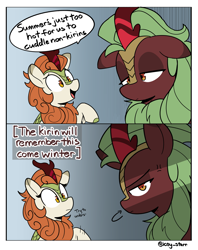 Size: 2335x2947 | Tagged: safe, artist:icey, derpibooru import, autumn blaze, cinder glow, summer flare, kirin, g4, 2 panel comic, comic, cross-popping veins, dialogue, duo, duo female, ears, emanata, female, floppy ears, looking at you, speech bubble