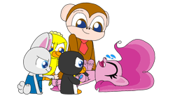 Size: 1280x720 | Tagged: safe, artist:cooperthedoodlian, derpibooru import, pinkie pie, bird, duck, monkey, penguin, pony, rabbit, g4, g4.5, my little pony: pony life, animal, clothes, crossover, feather, hoof tickling, necktie, overalls, plush adventures, plushverse, tickle torture, tickling, toothbrush