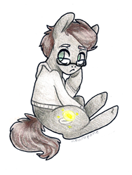 Size: 1152x1528 | Tagged: safe, artist:broccolidad, derpibooru import, pony, brown hair, clothes, colored pencil drawing, full body, gray coat, green eyes, hoodie, male, solo, traditional art