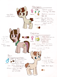 Size: 1800x2402 | Tagged: safe, artist:broccolidad, derpibooru import, oc, oc only, oc:teabean, earth pony, pony, 2013, brown mane, cream coat, earth pony oc, female, male, mare, orange coat, reference sheet, simple background, smiling, stallion, tan coat, trio, white background