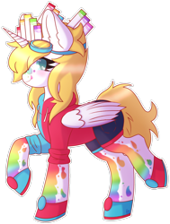 Size: 1472x1942 | Tagged: safe, artist:pasteldraws, derpibooru import, oc, oc only, alicorn, pony, blushing, clothes, commission, crown, ear fluff, ears, goggles, hoodie, horn, jewelry, marker crown, markers, paint, paint splatter, rainbow, regalia, shading, shoes, shorts, simple background, solo, traditional art, transparent background, wings