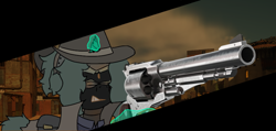 Size: 1440x688 | Tagged: safe, artist:thomas.senko, derpibooru import, oc, oc only, oc:thomas senko, pony, unicorn, fallout equestria, background, bag, cowboy, cowboy hat, dessert, fallout, gun, handgun, hat, horn, magic, movie poster, revolver, solo, unicorn oc, weapon