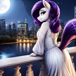 Size: 768x768 | Tagged: safe, ai content, derpibooru import, generator:stable diffusion, machine learning generated, rarity, anthro, g4, balcony, city, looking at you, looking back, looking back at you, moon, prompter:chillyhooves, solo