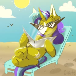 Size: 2048x2048 | Tagged: safe, artist:cupute, derpibooru import, oc, oc only, bird, pony, unicorn, badass, beach, beach chair, blue sky, cel shading, chair, clothing, cloud, colored eartips, colored muzzle, confused, confusion, eyebrows, furrowed brow, hoofprint, hoofprints, horn, land, lying down, mohawk, mullet, ocean, on back, purple mane, purple tail, raised eyebrow, render, sand, scenery, shading, shiny mane, sitting, sky, solo, sun, sunglasses, tail, tanning, tanning mirror, teal mane, teal tail, twitter link, unicorn oc, water, yellow coat