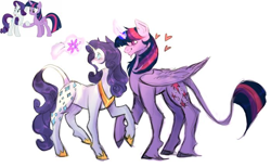 Size: 700x431 | Tagged: safe, artist:pochan, derpibooru import, rarity, twilight sparkle, twilight sparkle (alicorn), alicorn, pony, unicorn, alternate cutie mark, alternate hairstyle, blushing, curved horn, duo, duo female, female, flower, glowing, glowing horn, heart, horn, jewelry, leonine tail, lesbian, magic, mare, raised hoof, raised leg, rarilight, redesign, regalia, shipping, tail, unshorn fetlocks