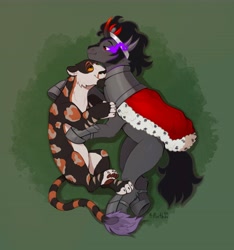 Size: 7181x7664 | Tagged: safe, artist:birdoffnorth, derpibooru import, king sombra, oc, big cat, pony, unicorn, g4, absurd resolution, commission, cuddling, duo, horn, lidded eyes, looking at each other, looking at someone, male, non-mlp oc, overhead view, smiling, smiling at each other, stallion