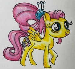 Size: 2927x2702 | Tagged: safe, artist:jewelswirlix, derpibooru import, fluttershy, pegasus, pony, g4, female, mare, older, older fluttershy, open mouth, open smile, raised hoof, raised leg, smiling, solo, spread wings, traditional art, wings