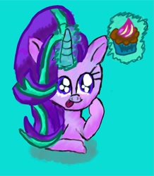 Size: 1659x1900 | Tagged: safe, artist:jewelswirlix, derpibooru import, cup cake, starlight glimmer, pony, unicorn, g4, female, glowing, glowing horn, horn, levitation, magic, magic aura, mare, raised hoof, raised leg, simple background, smiling, solo, teal background, telekinesis, tongue, tongue out