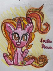 Size: 3024x4032 | Tagged: safe, artist:jewelswirlix, derpibooru import, luster dawn, pony, unicorn, g4, female, horn, open mouth, open smile, raised hoof, raised leg, sitting, smiling, solo, tail, traditional art