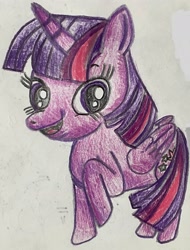 Size: 1716x2254 | Tagged: safe, artist:jewelswirlix, derpibooru import, twilight sparkle, twilight sparkle (alicorn), alicorn, pony, g4, female, folded wings, horn, mare, open mouth, open smile, raised hoof, raised leg, smiling, solo, tail, traditional art, wings