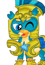 Size: 720x1030 | Tagged: safe, artist:jewelswirlix, derpibooru import, gallus, griffon, g4, the last problem, armor, beak, folded wings, one eye closed, open mouth, royal guard, royal guard armor, royal guard gallus, simple background, transparent background, wings, wink