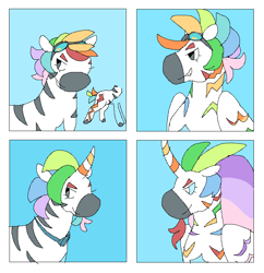 Size: 733x758 | Tagged: safe, artist:084392, derpibooru import, part of a set, rainbow dash, alicorn, earth pony, pegasus, unicorn, zebra, alicornified, alternate design, earth pony rainbow dash, female, goggles, goggles on head, horn, mare, race swap, rainbowcorn, solo, species swap, unicorn rainbow dash, zebrafied